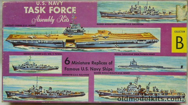 Renwal 1/1200 US Navy Task Force 'B' -  CV-12 Hornet - CL Galveston - Frigate Dewey - Destroyer The Sullivans - Destroyer Escort Powell - SSBN Patrick Henry, 6300 plastic model kit